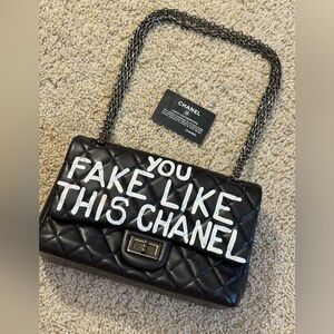 Black Quilted Chain Shoulder Bag with Graffiti Print | Faux Leather